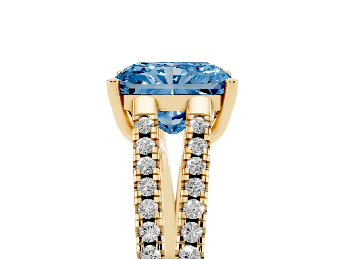 Fancy Blue Radiant Cut Diamond Solitaire Engagement Ring with Split Shank Pavé Band Yellow gold