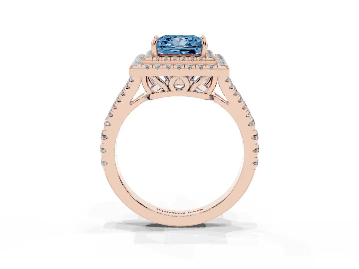 Fancy Blue Princess Cut Diamond Double Halo Ring with Pavé Band and Prong Setting Rose gold