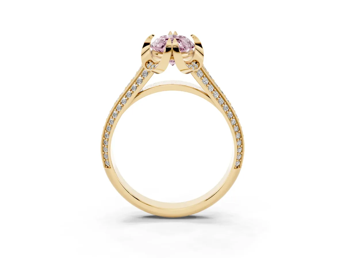 Fancy Pink Marquise Cut Solitaire Pave Split Shank Ring with Four-Prong Setting Yellow gold