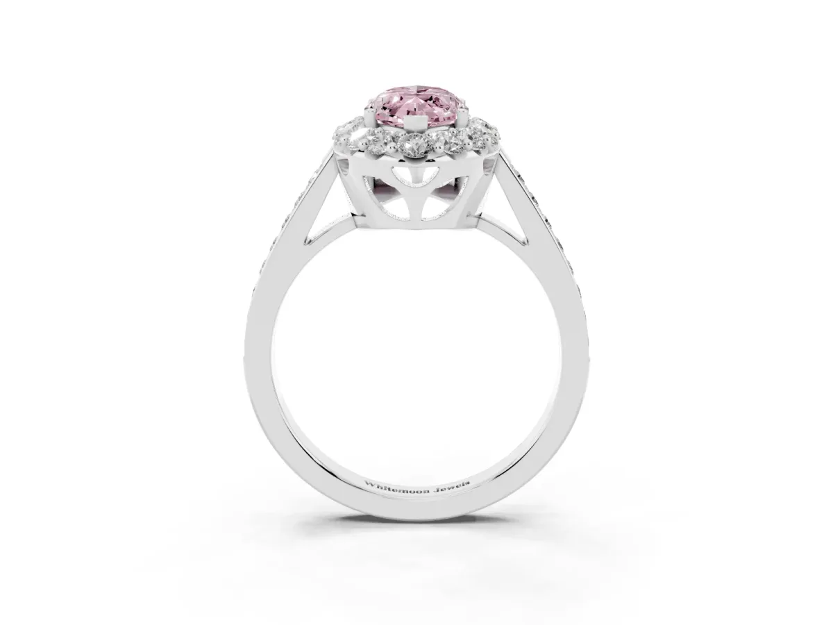 Fancy Pink Marquise Cut Diamond Floral Halo Ring with Pavé Band and Prong Setting White gold