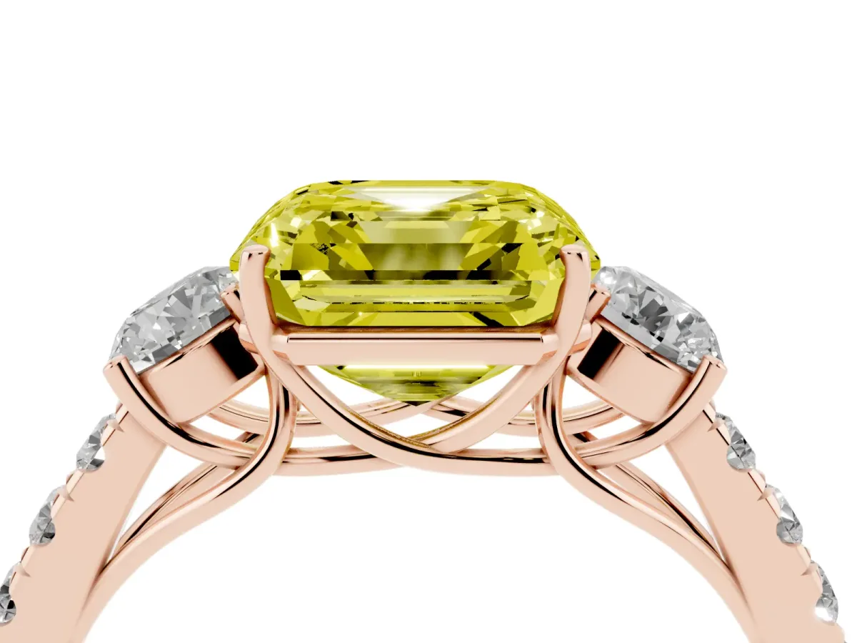 Fancy Yellow Asscher Cut Cut Diamond Three-Stone Ring with Round Side Stones and Pavé Band Rose gold