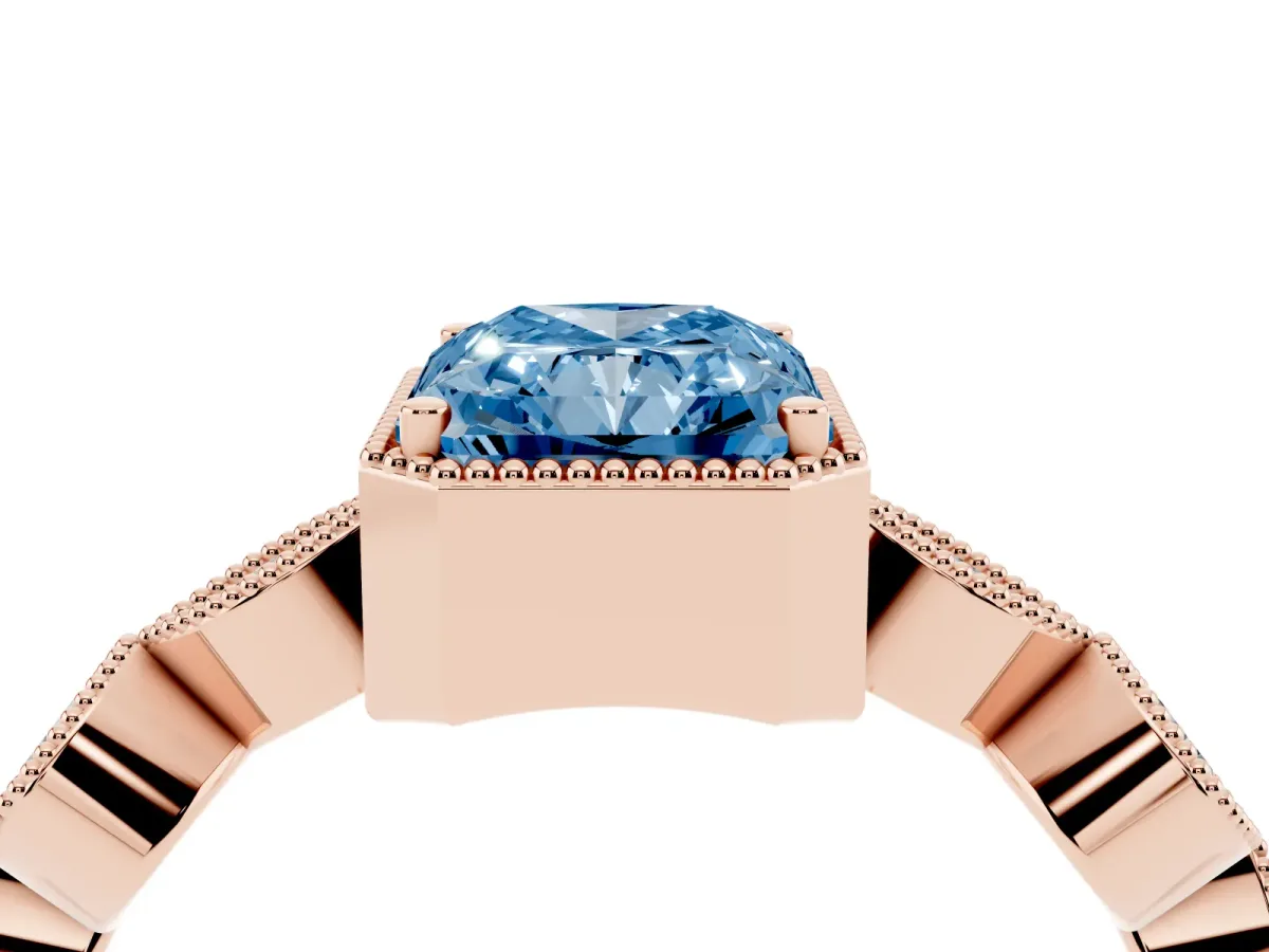Fancy Blue Radiant Cut Diamond Vintage Milgrain Ring with Round Stations Rose gold