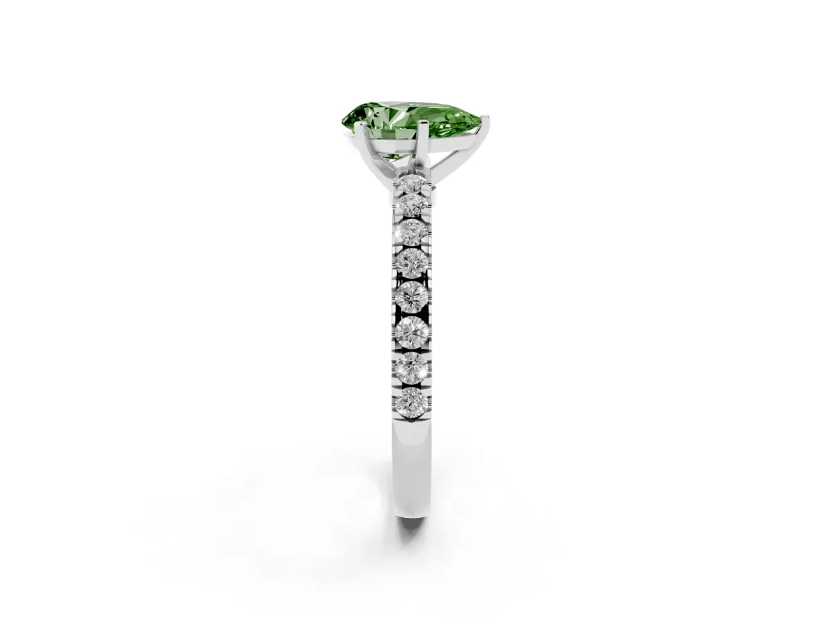 Fancy Green Pear Cut Solitaire Diamond with Pavé Band and Four-Prong Setting White gold