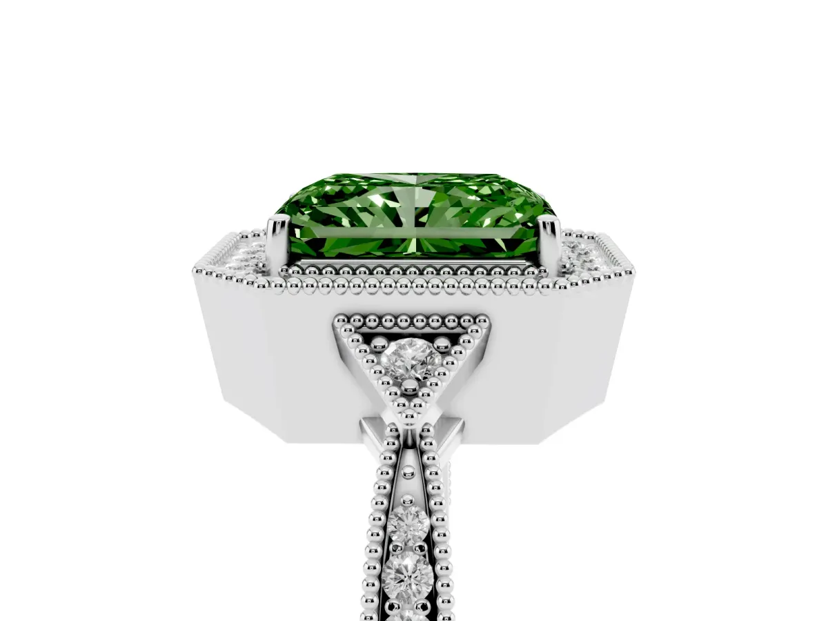 Fancy Green Radiant Cut Halo Round Diamond Milgrain Pave Engagement Ring Platinum