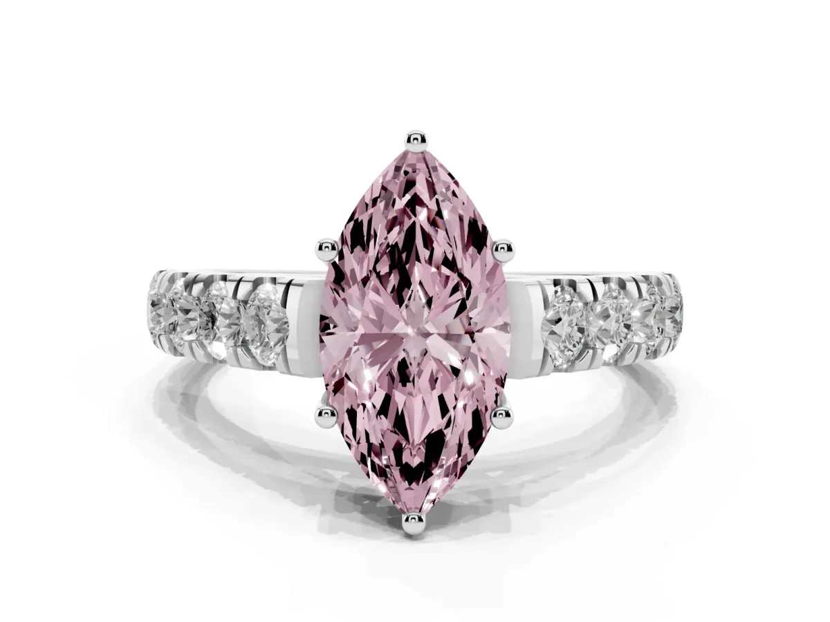 Fancy Pink Marquise Cut Cut Diamond Solitaire Ring with Micro Pave Band and Prong Setting Silver