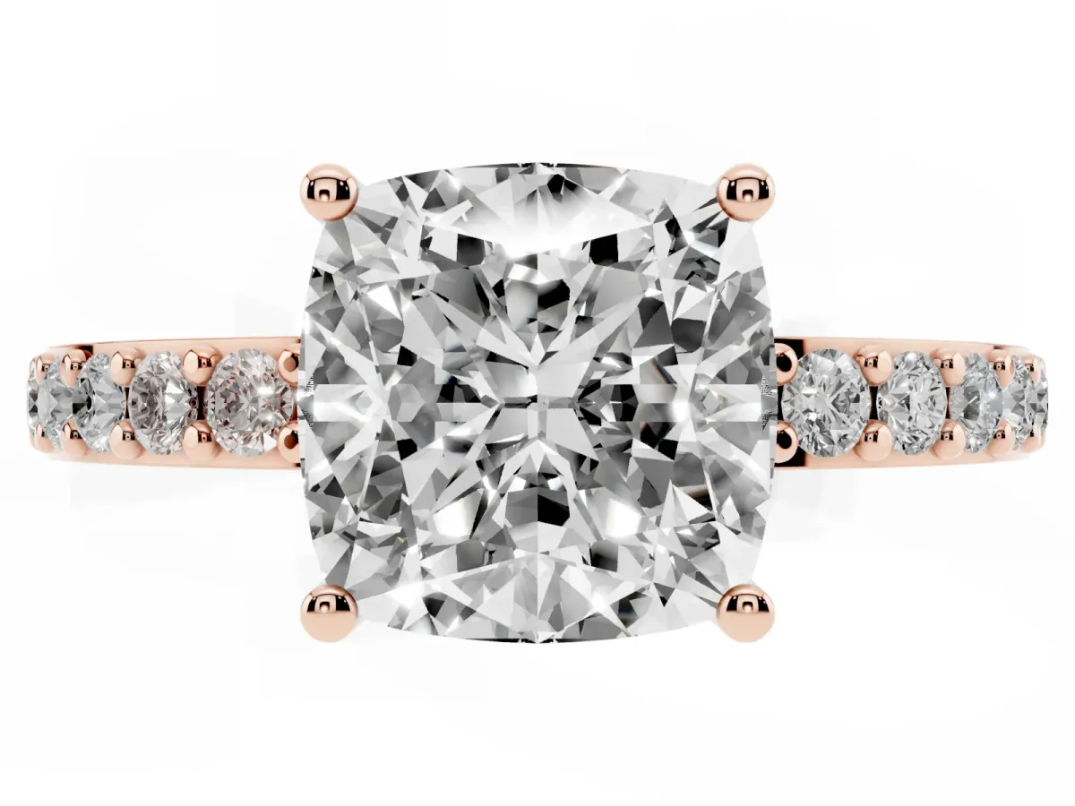 Cushion Cut Cut Diamond Solitaire with Pave Band and Four-Prong Setting Rose gold