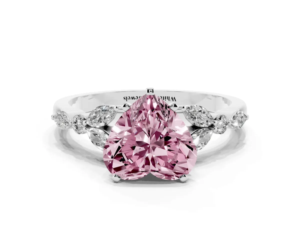 Fancy Pink Heart Cut Diamond Solitaire Ring with Side Stones and Four-Prong Setting Silver