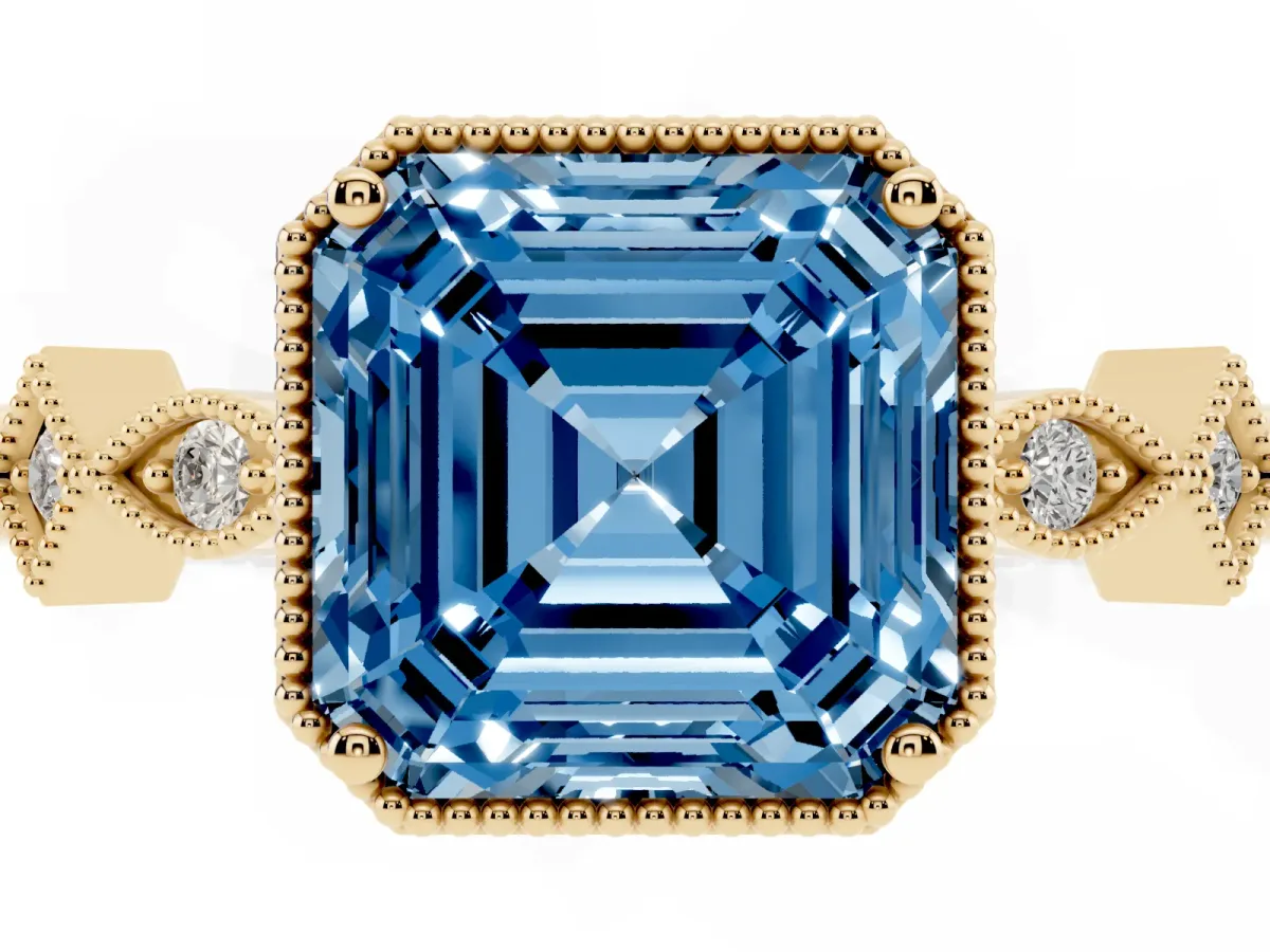 Fancy Blue Asscher Cut Milgrain Marquise Diamond Twist Band Ring Yellow gold