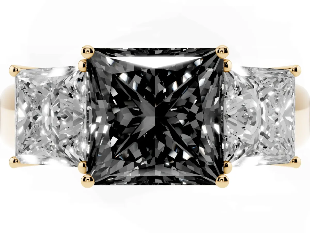 Fancy Black Three-Stone Princess Cut Cut Diamond Ring with Prong Setting and Classic Band Yellow gold