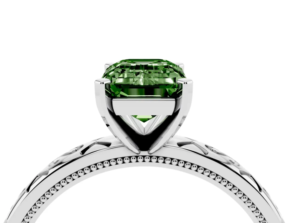 Fancy Green Emerald Cut Solitaire Engagement Ring with Scrollwork Band and Four-Prong Setting Platinum