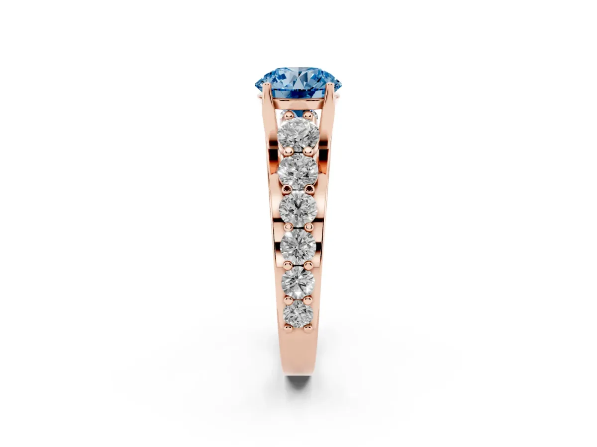 Fancy Blue Round Cut Diamond Engagement Ring with Pavé Band and Four-Prong Setting Rose gold