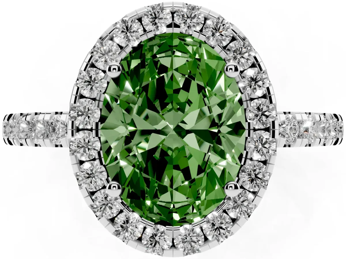 Fancy Green Oval Cut Halo Diamond Engagement Ring with Pavé Band and Four-Prong Setting White gold