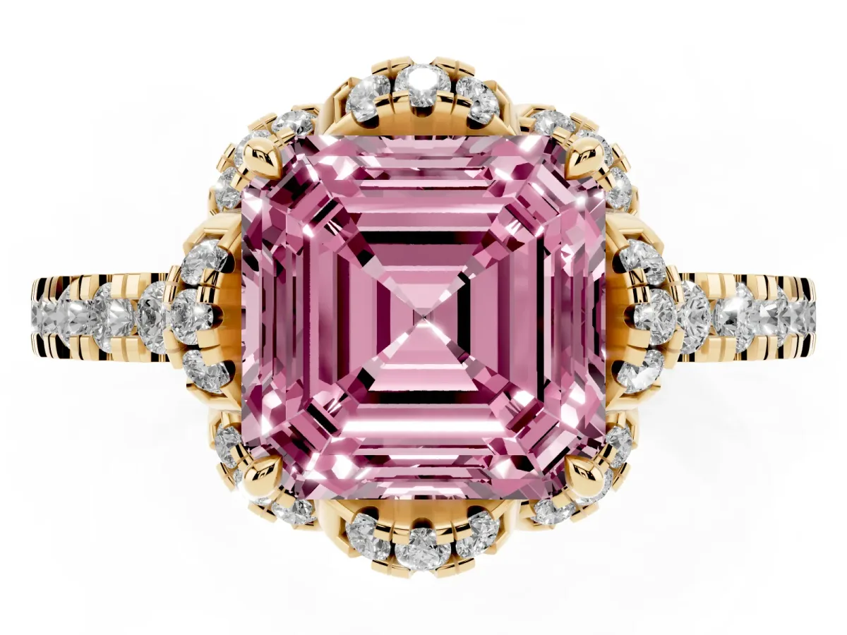 Fancy Pink Asscher Cut Diamond Halo Pave Band with Four-Prong Setting Yellow gold