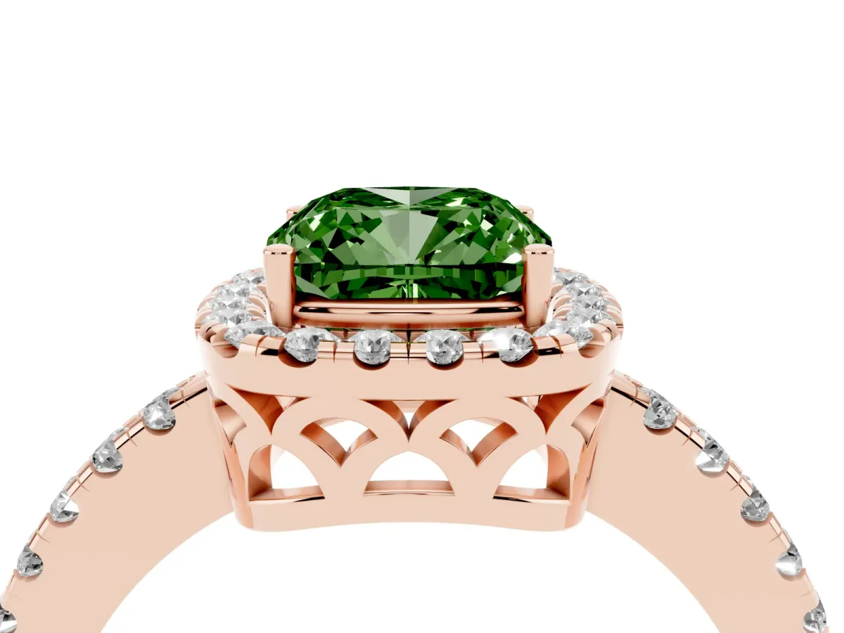 Fancy Green Cushion Cut Halo Diamond Engagement Ring with Pavé Band and Four-Prong Setting Rose gold