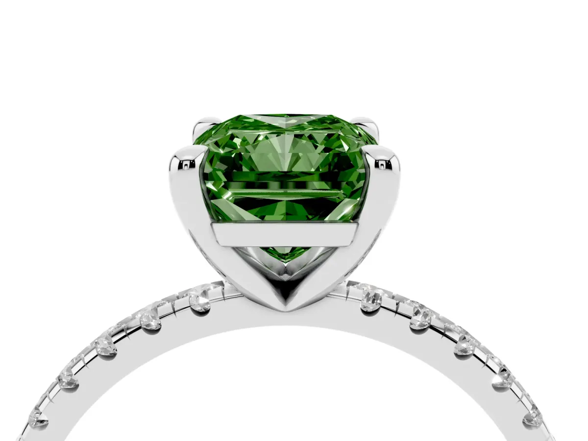 Fancy Green Radiant Cut Diamond Brilliant Solitaire Ring with Pavé Band and Four-Prong Setting Silver