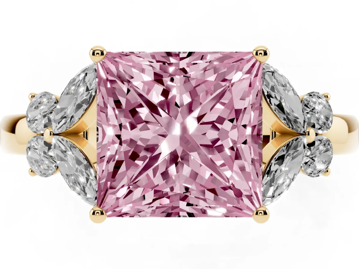 Fancy Pink Princess Cut Cut Solitaire Floral Diamond Ring with Four-Prong Setting Yellow gold