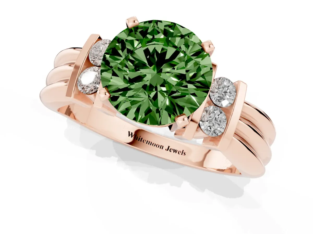 Fancy Green Round Cut Cut Three-Stone Channel Set Ring with Bar Prongs Rose gold