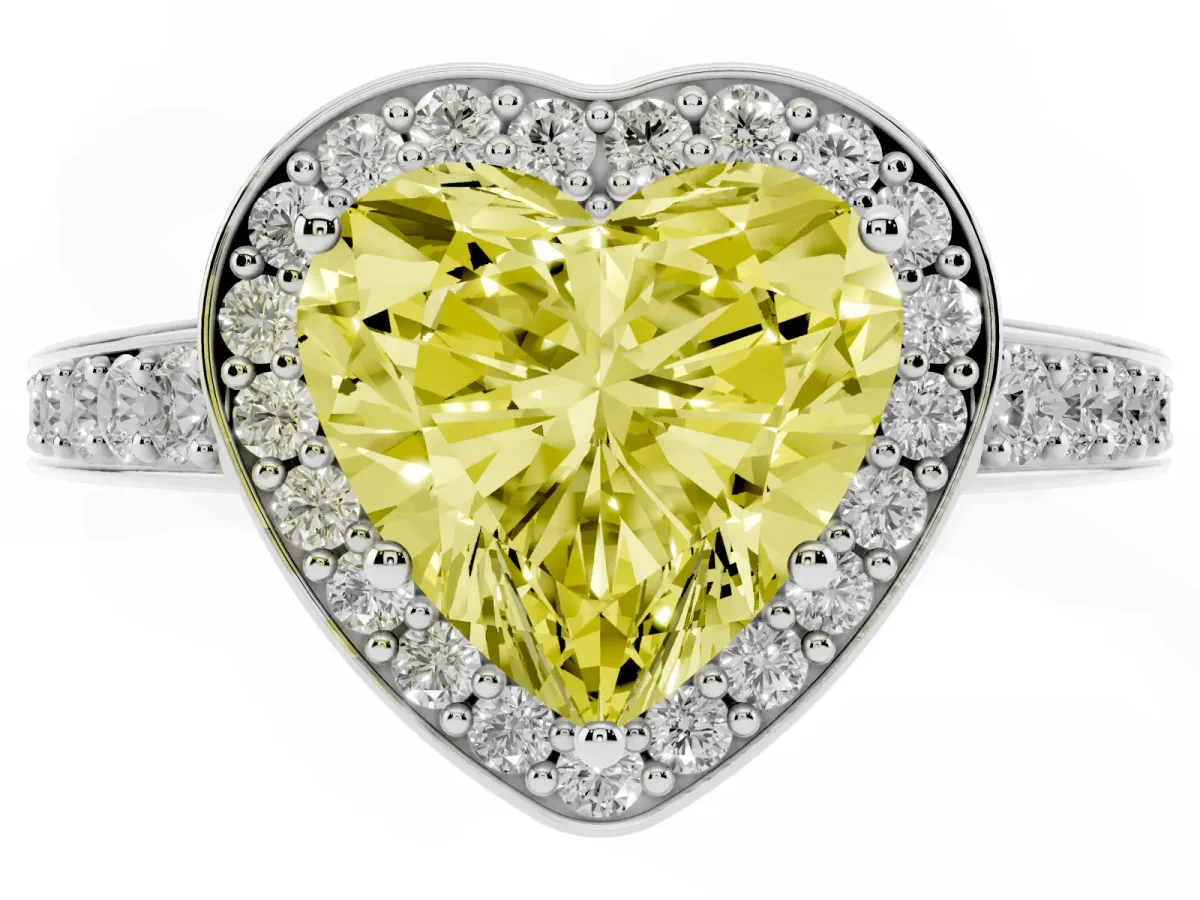 Fancy Yellow Heart Cut Halo Pavé Diamond Engagement Ring with Bezel Setting Silver