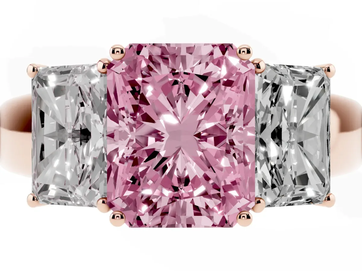 Fancy Pink Three-Stone Radiant Cut Cut Diamond Ring with Prong Setting and Classic Band Rose gold