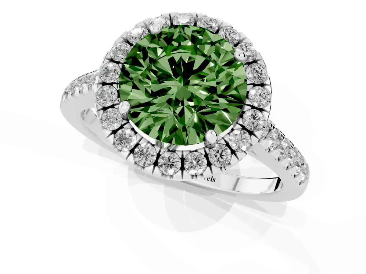 Fancy Green Round Cut Halo Pavé Diamond Engagement Ring with Four-Prong Setting Silver