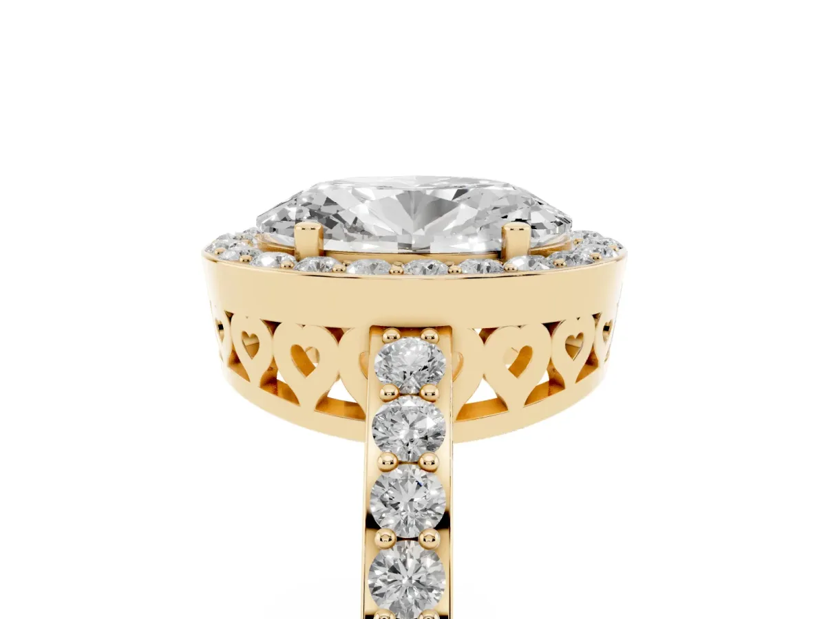 Oval Cut Halo Diamond Pavé Band Ring with Prong Setting Yellow gold