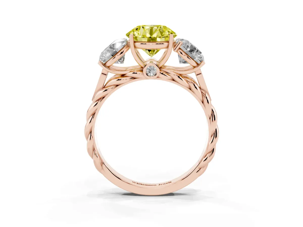 Fancy Yellow Three-Stone Round Cut Diamond Braided Band Ring with Four-Prong Setting Rose gold