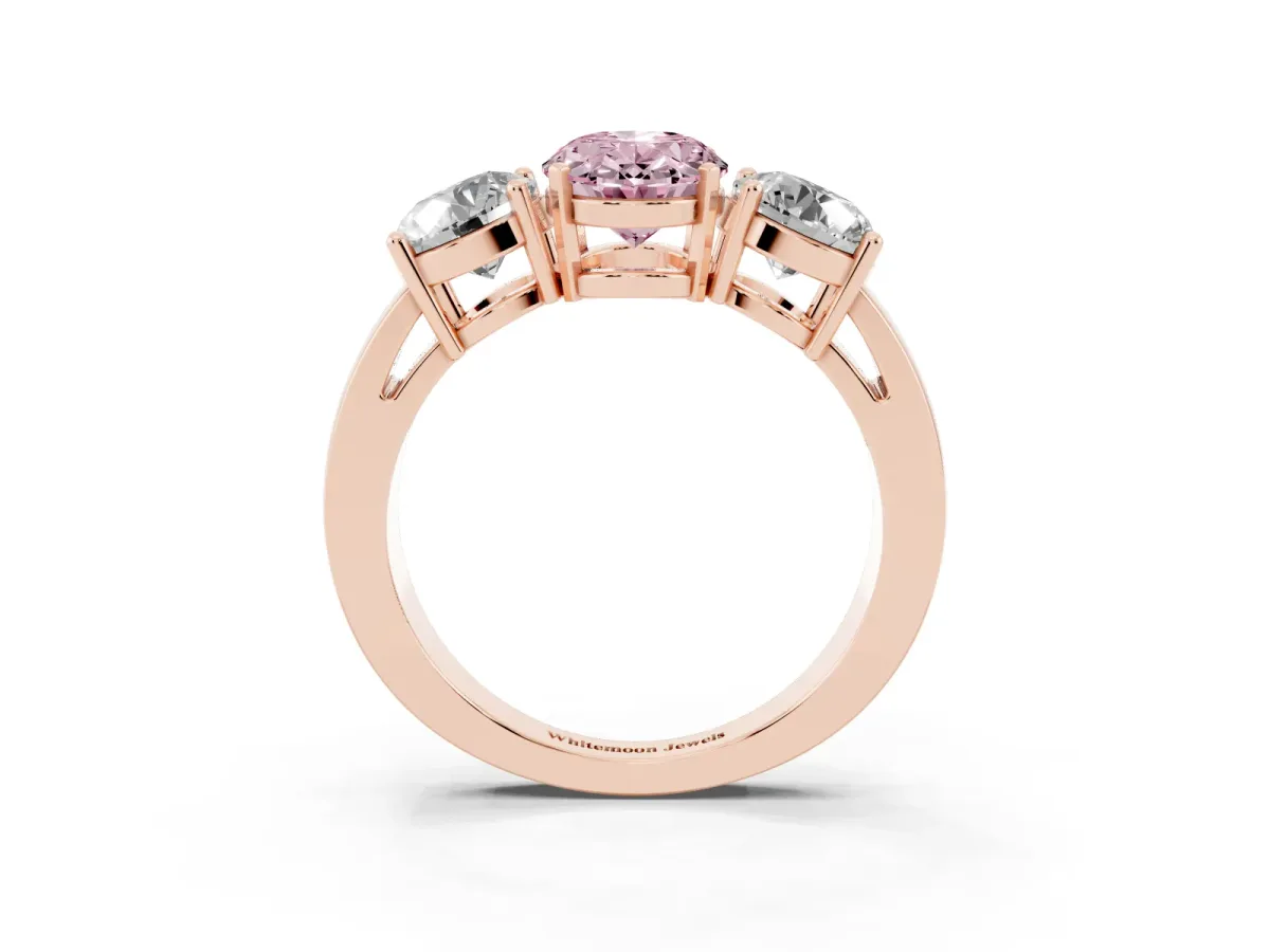 Fancy Pink Three-Stone Oval Cut Diamond Ring with Round Side Stones, Classic Band, and Four-Prong Setting Rose gold