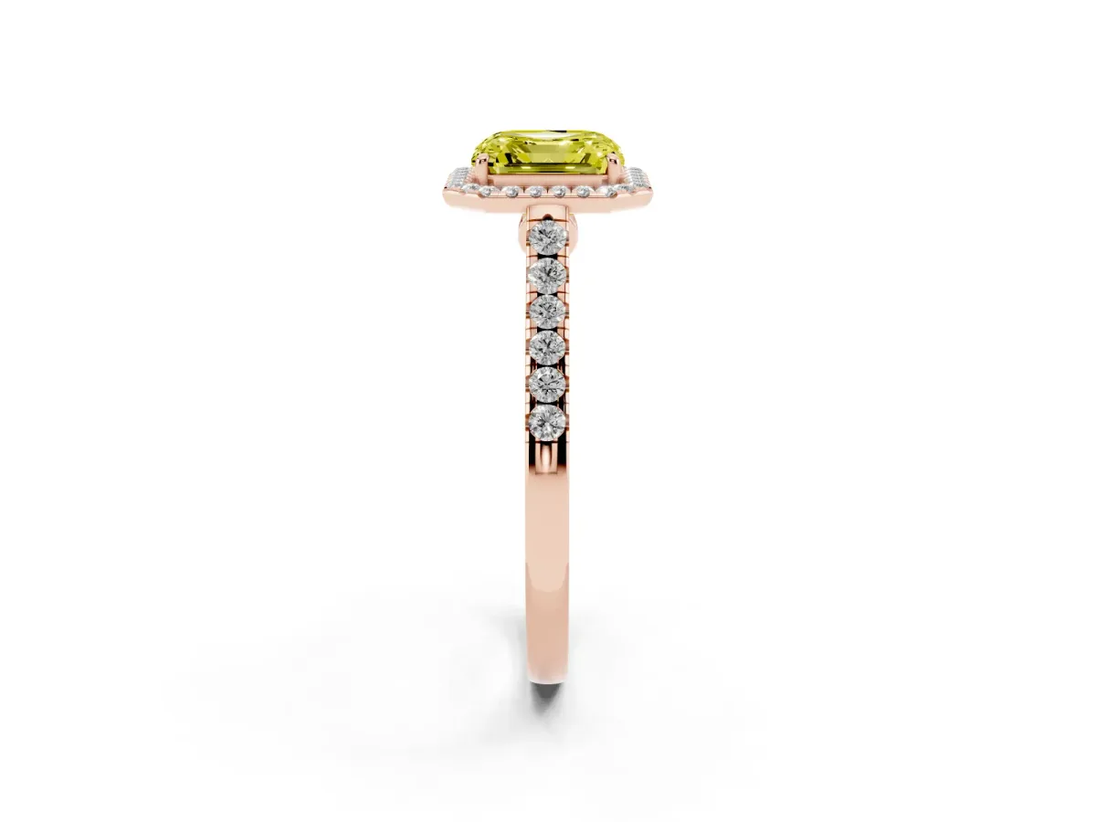Fancy Yellow Asscher Cut Halo Pave Diamond Engagement Ring with Four-Prong Setting Rose gold