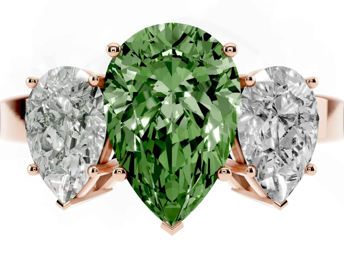 Fancy Green Three-Stone Pear Cut Cut Diamond Engagement Ring with Flat Band and Four-Prong Setting Rose gold