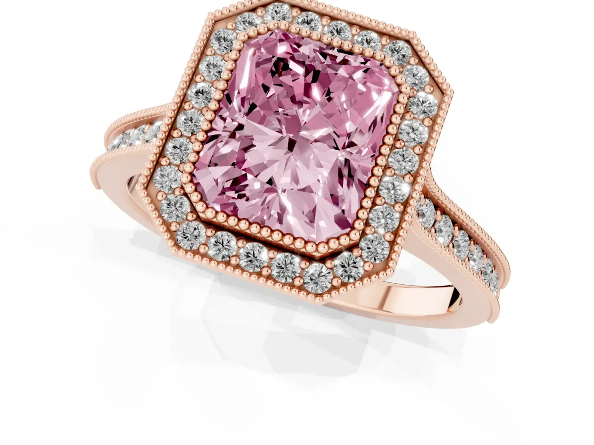 Fancy Pink Halo Radiant Cut-Cut Diamond Pave Band Milgrain Prong Setting Ring Rose gold