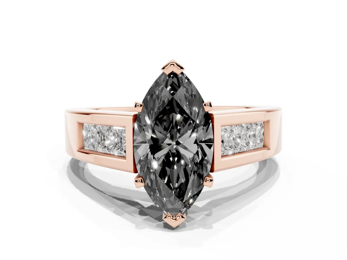 Fancy Black Marquise Cut Cut Channel Set Solitaire Ring with Four-Prong Setting Rose gold