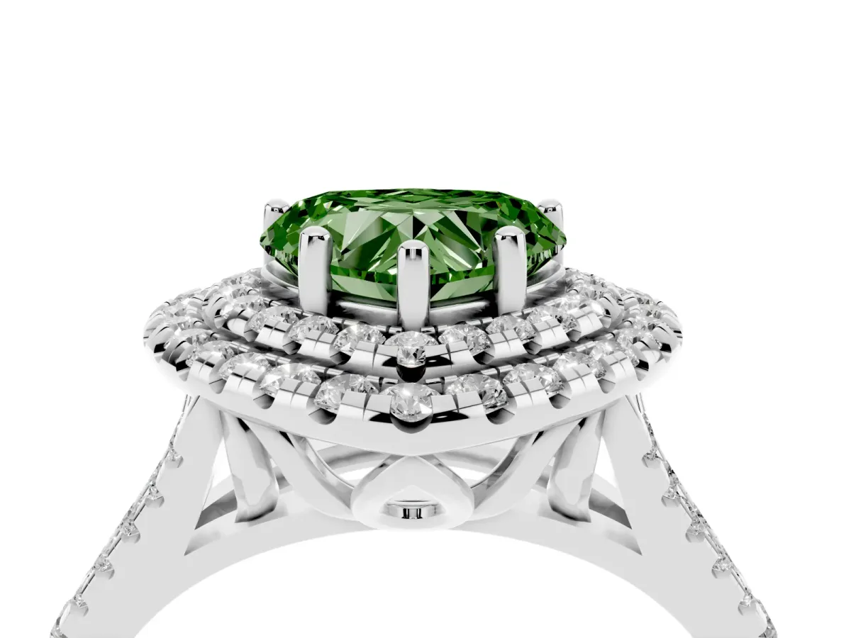Fancy Green Double Halo Heart Cut Diamond Pavé Split Shank Ring with Prong Setting Platinum