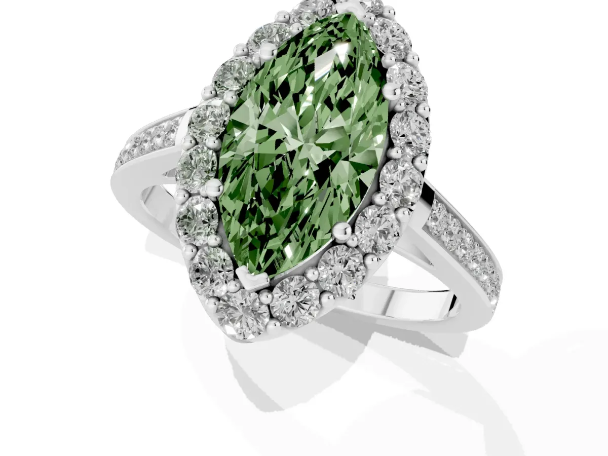 Fancy Green Marquise Cut Diamond Floral Halo Ring with Pavé Band and Prong Setting Platinum