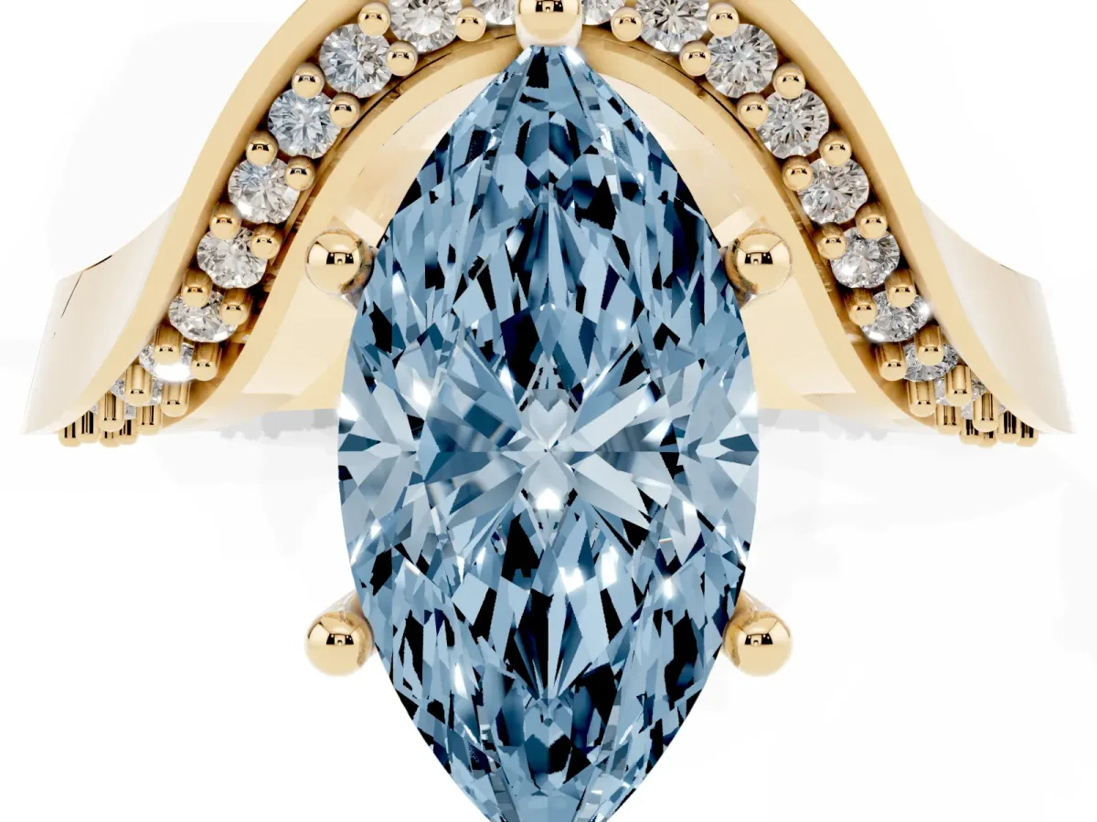 Fancy Blue Marquise Cut Solitaire Diamond Engagement Ring with Pave Band and Four-Prong Setting Yellow gold