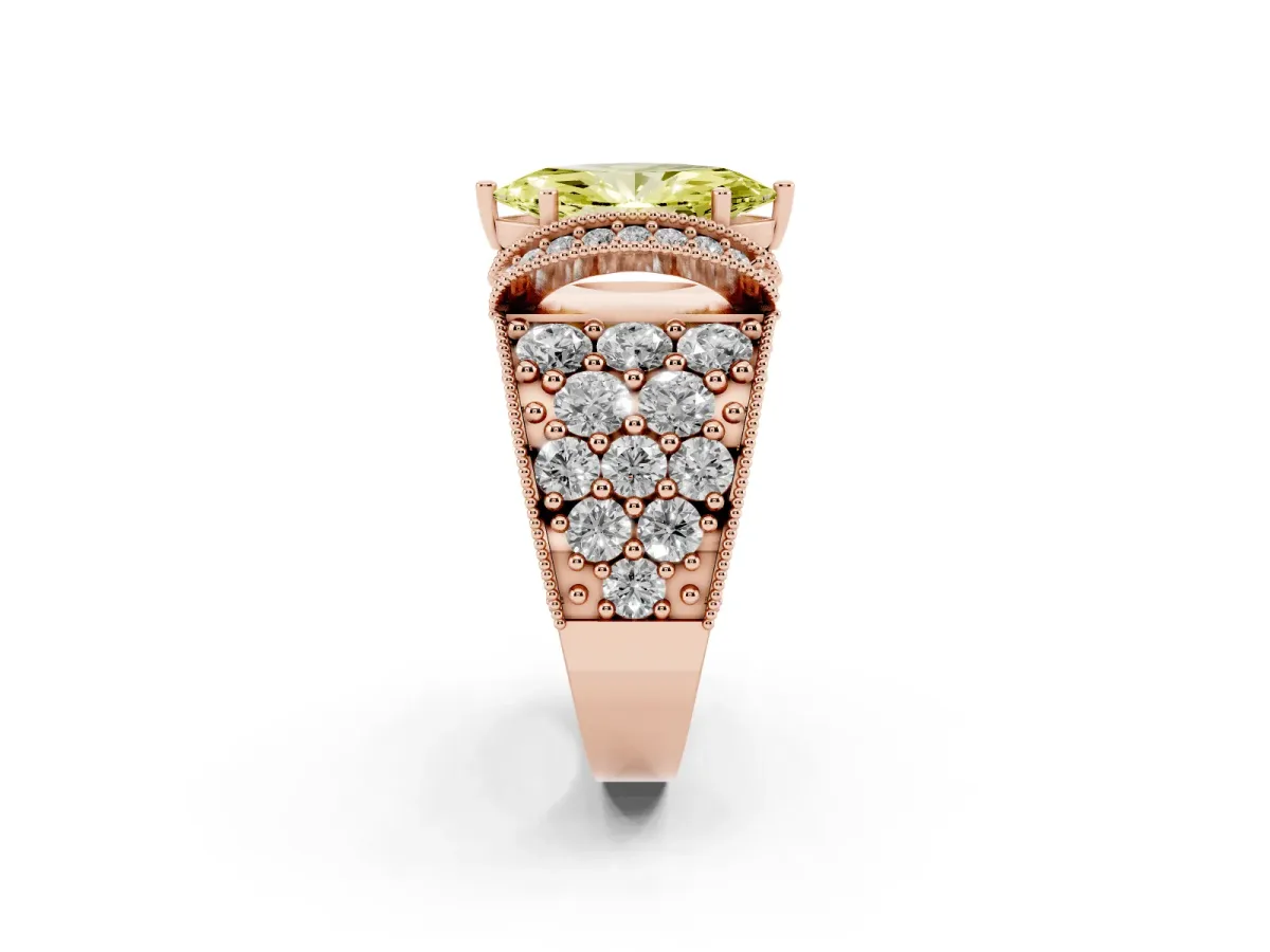 Fancy Yellow Marquise Cut Halo Pave Diamond Engagement Ring with Milgrain Detailing Rose gold