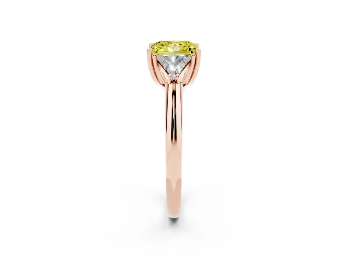 Fancy Yellow Three-Stone Princess Cut Diamond Engagement Ring with Trillion Side Stones and Prong Setting Rose gold