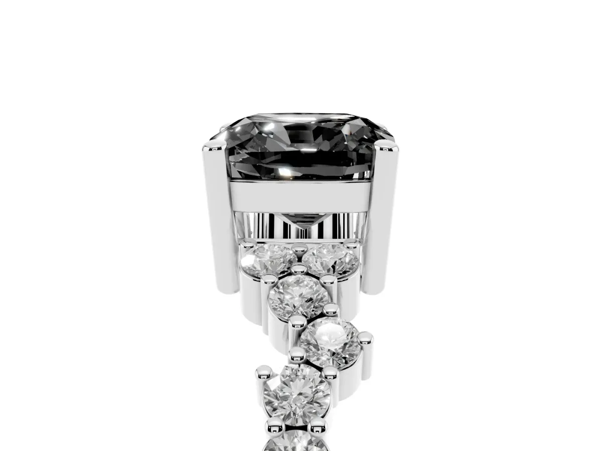 Fancy Black Cushion Cut Diamond Scattered Round Accent Ring with Prong Setting White gold