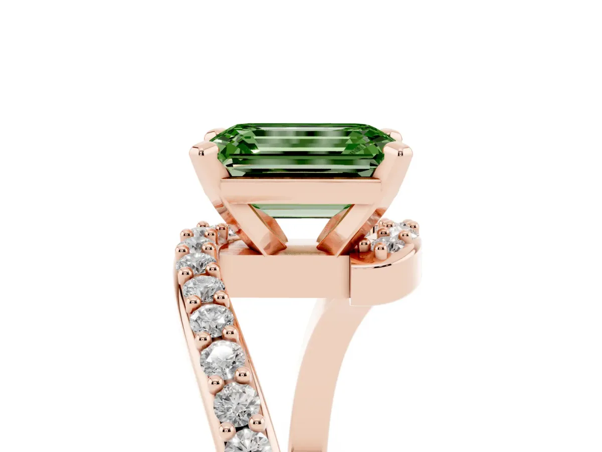 Fancy Green Emerald Cut Solitaire Twist Band with Pave Set Diamonds and Four-Prong Setting Rose gold