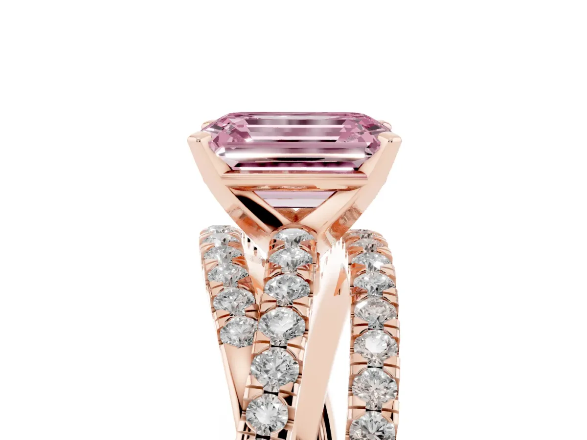 Fancy Pink Emerald Cut Solitaire Twist Band with Pavé Setting and Four-Prong Setting Rose gold