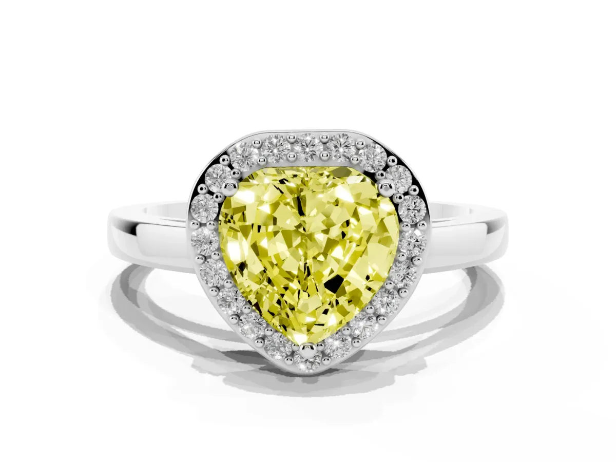 Fancy Yellow Heart Cut Halo Diamond Ring with Solitaire Band and Prong Setting Silver