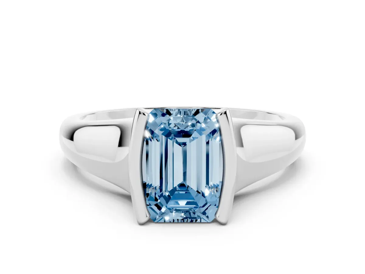 Fancy Blue Emerald Cut Solitaire Tension Set Diamond Ring with Split Shank Band Silver