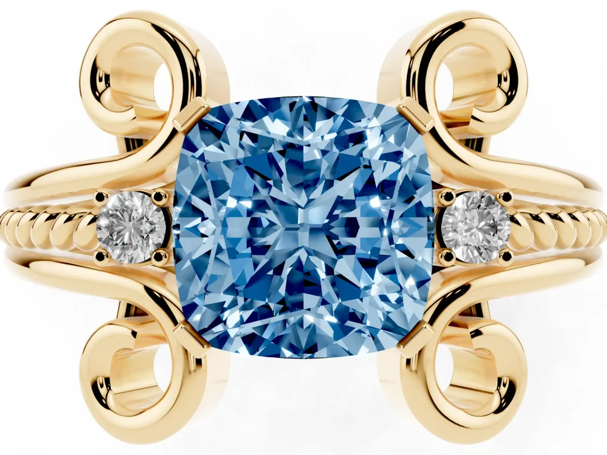 Fancy Blue Cushion Cut Solitaire Twisted Band Scroll Prong Ring Yellow gold