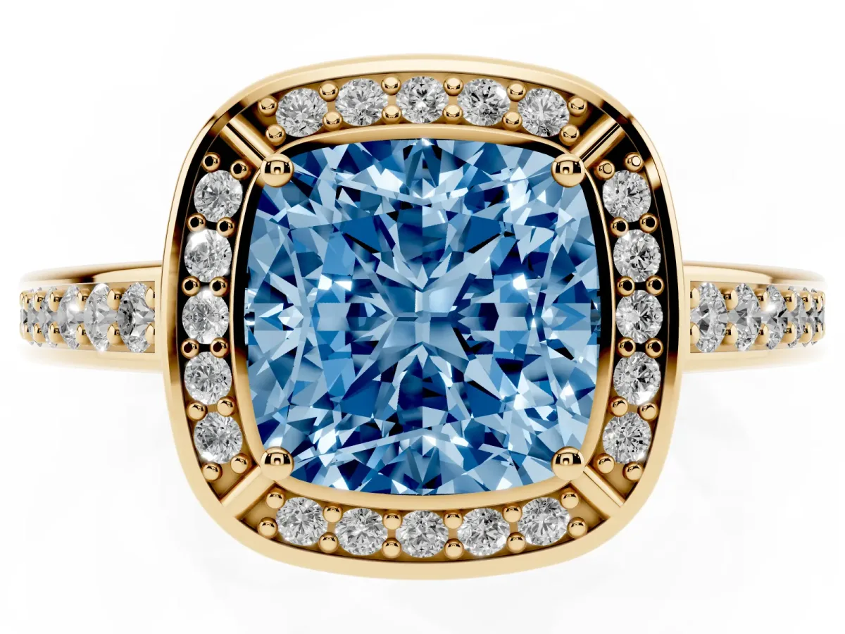Fancy Blue Cushion Cut Cut Halo Pave Split Shank Prong Setting Ring Yellow gold