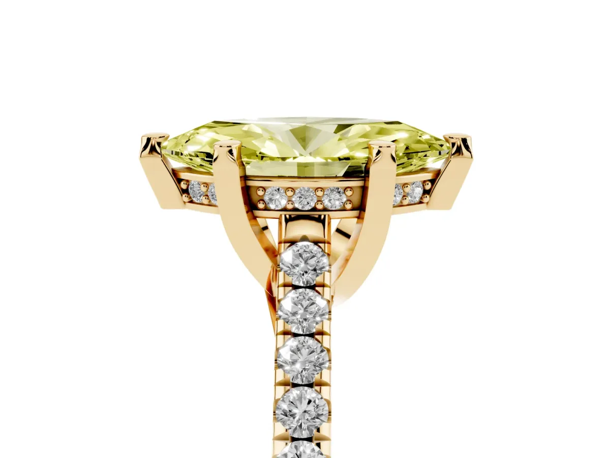 Fancy Yellow Marquise Cut Brilliant Diamond Solitaire with Pavé Band and Four-Prong Setting Yellow gold