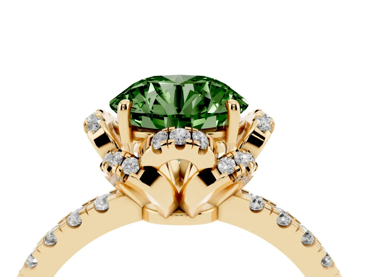 Fancy Green Round Cut Halo Diamond Pave Band Ring with Four-Prong Setting Yellow gold