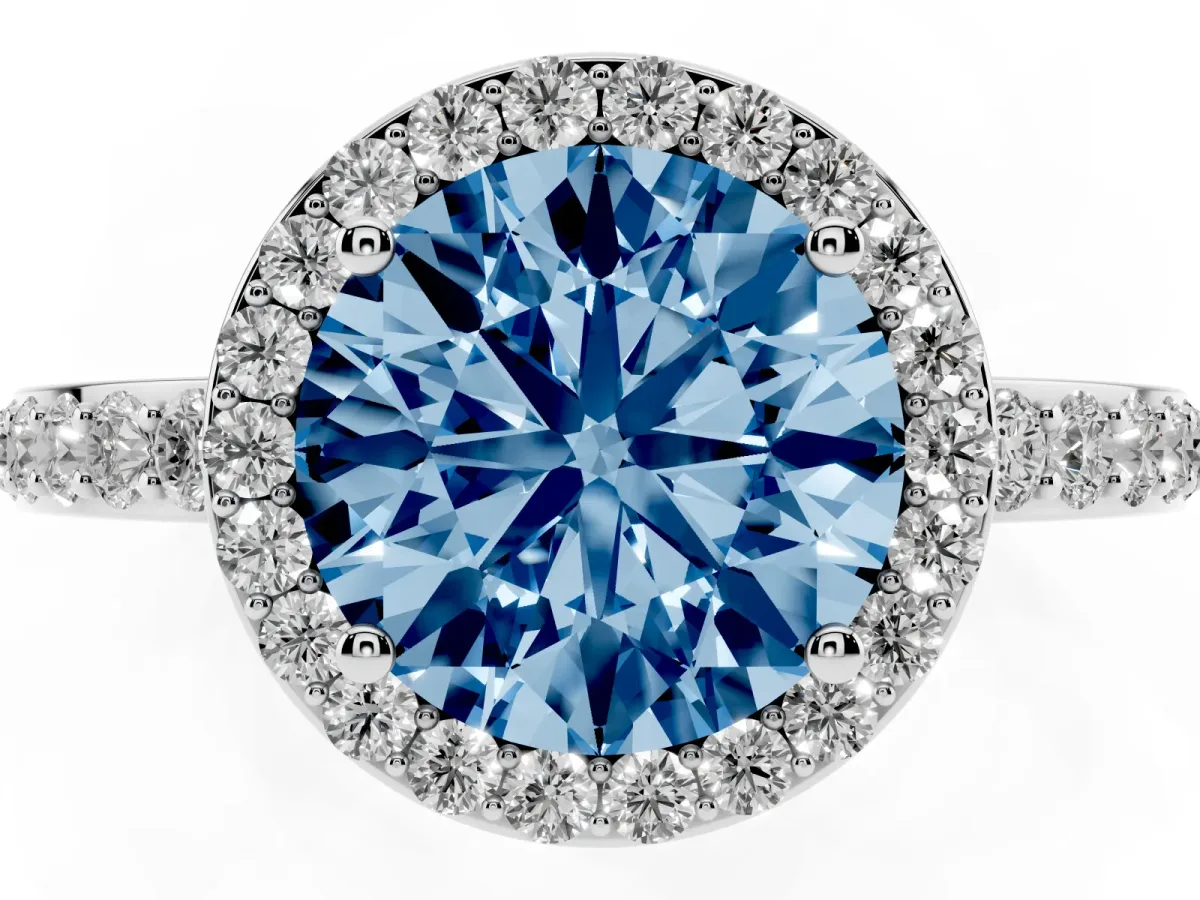 Fancy Blue Round Cut Halo Diamond Pavé Band Ring with Prong Setting Silver