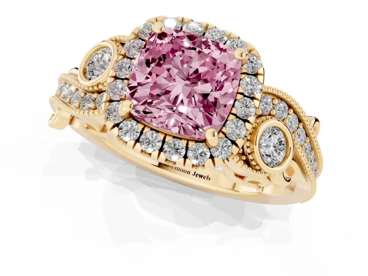 Fancy Pink Cushion Cut Halo Diamond Ring with Milgrain and Bezel Accents on a Split Shank Band Yellow gold
