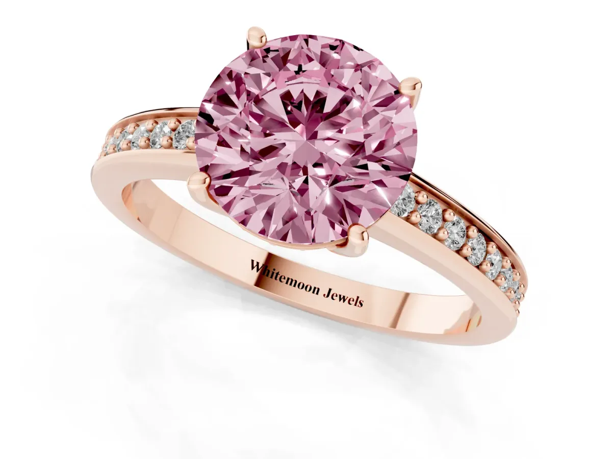 Fancy Pink Round Cut Solitaire Pavé Band Prong Setting Ring Rose gold