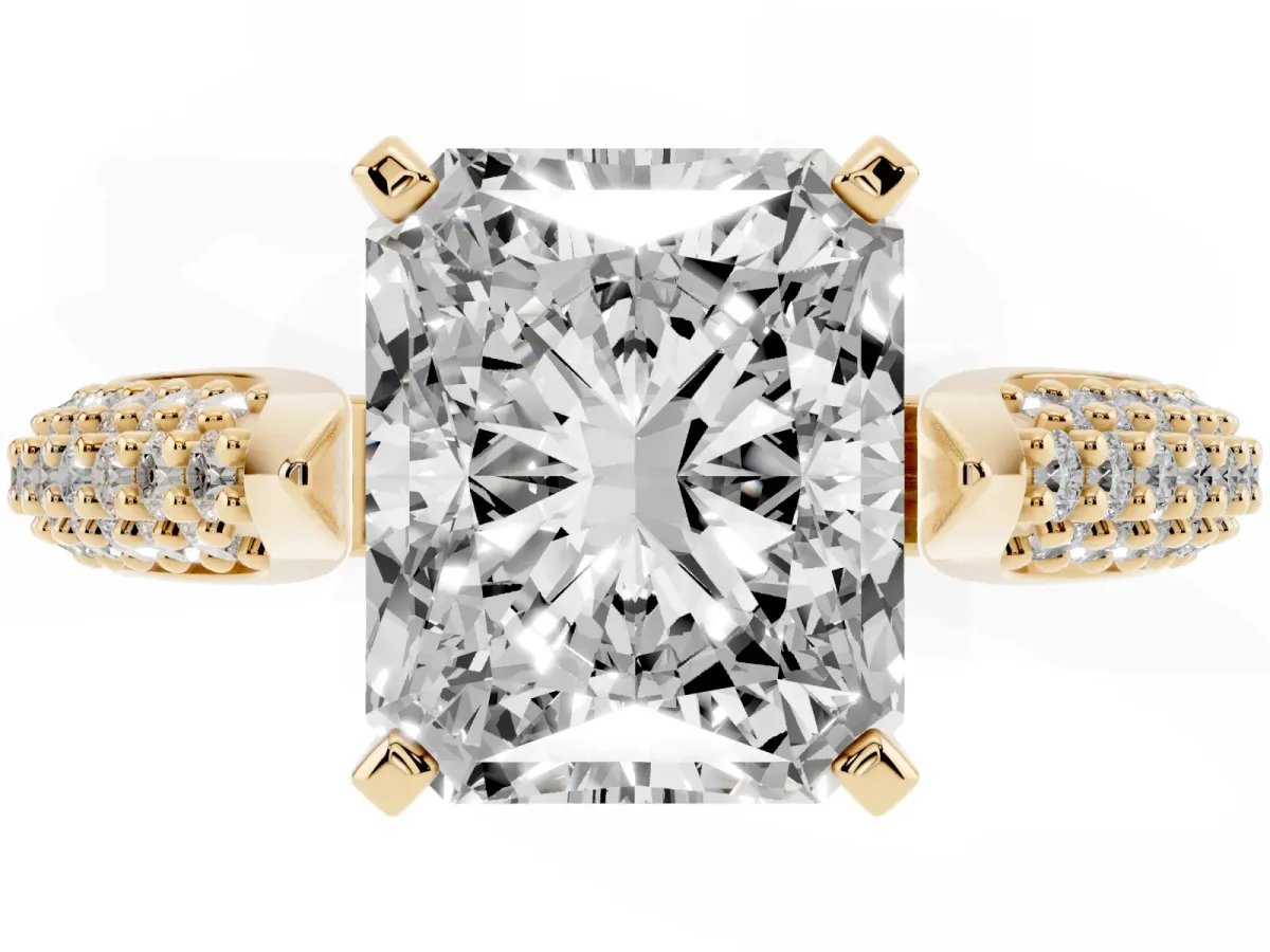 Radiant Cut Diamond Solitaire Engagement Ring with Multi-Row Round Pavé Band and Prong Setting Yellow gold