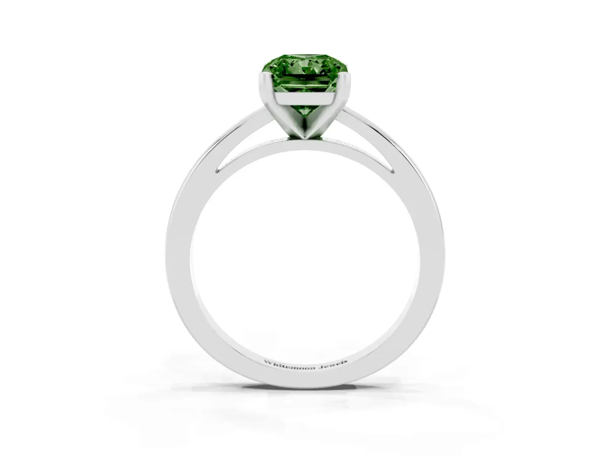 Fancy Green Radiant Cut Solitaire Diamond Engagement Ring with Four-Prong Setting on a Classic Band Silver